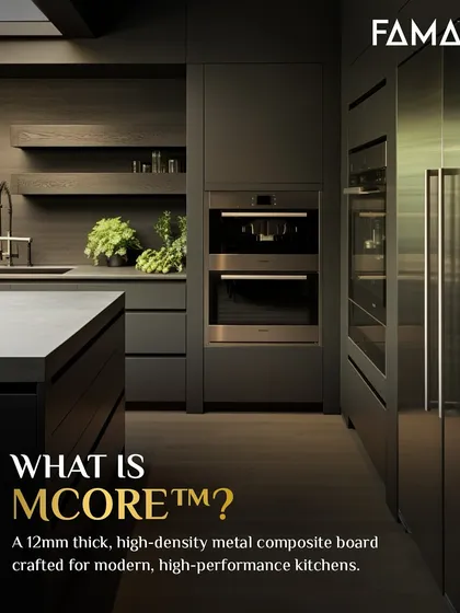 What is M-Core™? It is a 12mm thick, high-density metal composite board that I crafted for modern, high-performance kitchens. This image shows a sleek, dark kitchen where every surface is built with this innovative material.