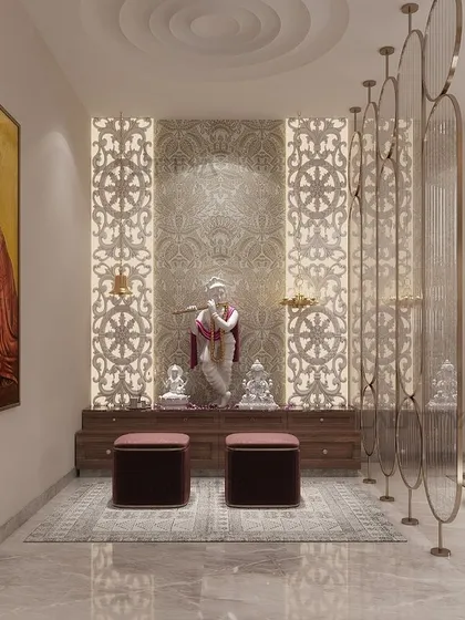 A look at one of our favorite mandir designs, blending tradition and craftsmanship. This sacred space features intricate jaali work, a beautiful Krishna idol, and soft, devotional lighting.