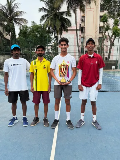 Dhruv Sehgal with his coaching team after winning the Under 14 All India National Series Singles title. It takes a dedicated team to build a national champion.