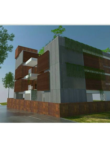 An alternate perspective of the "Box House" concept, highlighting the interplay between the rusted finish of the corten steel, the raw texture of the concrete, and integrated greenery. This view shows how the building's form and materials interact with the environment.