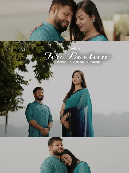 A collage capturing tender moments of a couple in blue ethnic wear by the river, with romantic Hindi text overlays.