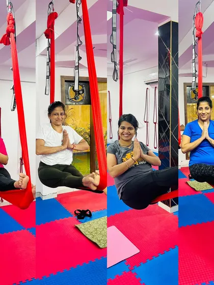 Our community is diverse and welcoming. This collage shows women from different walks of life finding their own moment of peace and strength in our aerial yoga class.