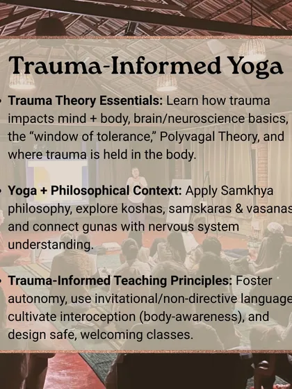 We offer a 5-day Trauma-Informed Yoga Training for yoga teachers and healthcare professionals. The curriculum covers trauma theory, polyvagal theory, and safe teaching principles.