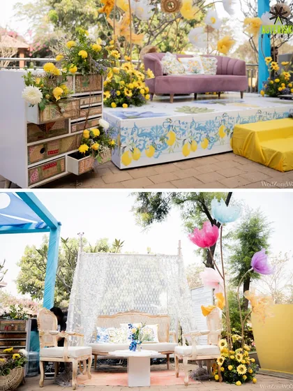 Different seating arrangements from our Mediterranean Haldi, including a plush sofa and a cabana-style setup.