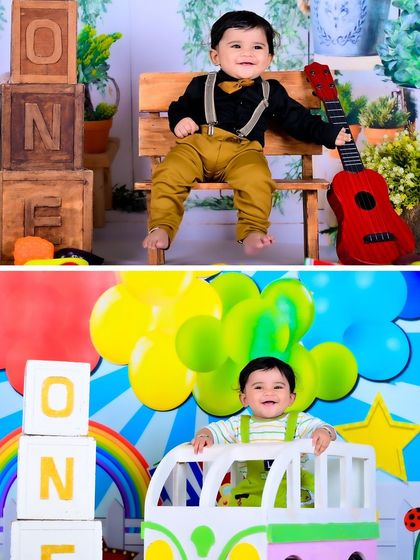 A collage of a one-year-old boy in two different setups: one with a guitar and another in a colorful Cocomelon-inspired bus.