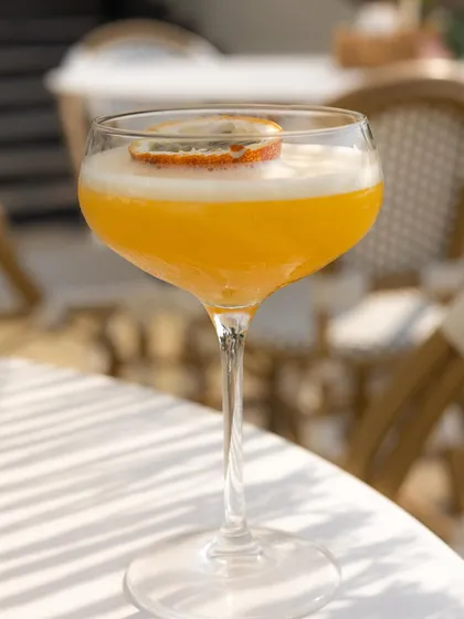 A classic orange cocktail in an elegant coupe glass, shot in the soft, golden hour light. The out-of-focus cafe background creates a beautiful, relaxed European summer vibe.