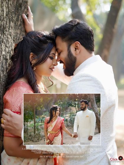 A collage from a pre-wedding shoot featuring a couple in traditional attire. The main image captures an intimate moment, while the inset shows a candid walking shot, demonstrating our varied approach.