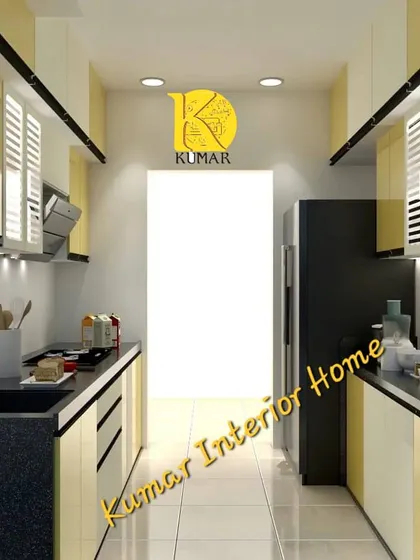 A parallel kitchen layout in yellow and white, designed for a narrow space. We used smart lighting and a light color palette to make the area feel bright and open.