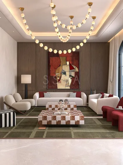 For this living room, I blended modern mid-century charm with a playful, contemporary energy. The design uses bold colors, a unique checkerboard coffee table, and sculptural lighting to create a space that is joyful and sophisticated. The large artwork and wood-panelled wall add layers of texture and personality, making it a true reflection of the young couple who lives here.