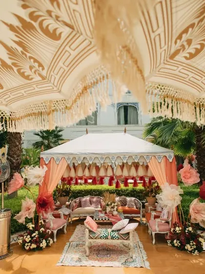 The intricate design of the embroidered tents and umbrellas used for a royal-themed daytime event. These details showcase my commitment to quality and authentic craftsmanship.