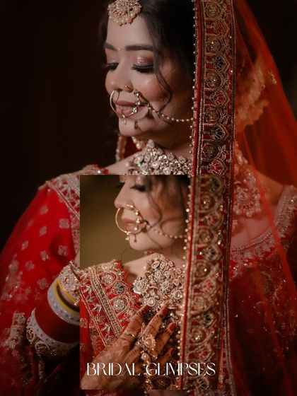 A collage of a bride in her red wedding lehenga, focusing on her smile and the details of her nath and jewelry.