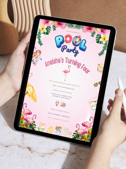 "Let's Flamingle!" A fun and vibrant pool party invitation for Anaisha's fourth birthday. The design is packed with flamingos, tropical flowers, and summer icons, promising a day of fun in the sun.