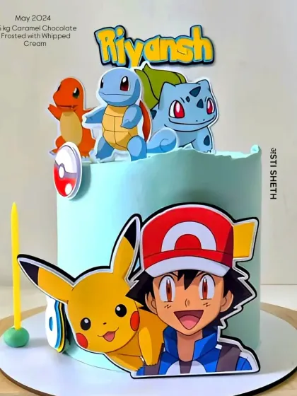Gotta catch 'em all! A vibrant Pokémon cake featuring Pikachu, Ash, and other favourite characters on a 1.5kg Caramel Chocolate cake.