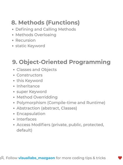 Here, we cover methods (functions) and the core principles of Object-Oriented Programming, including polymorphism, abstraction, and encapsulation.