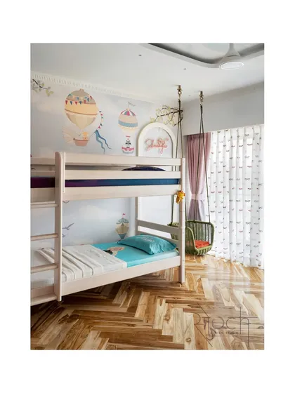 A playful and imaginative daughter's bedroom in the Crescendo House, featuring a custom bunk bed and whimsical hot air balloon wallpaper. This space shows my ability to design functional and fun rooms for children that spark creativity.