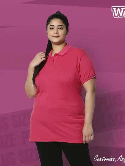 A bright pink plus-size polo shirt, offering a smart and casual look. Like all my apparel, it's available for custom printing.