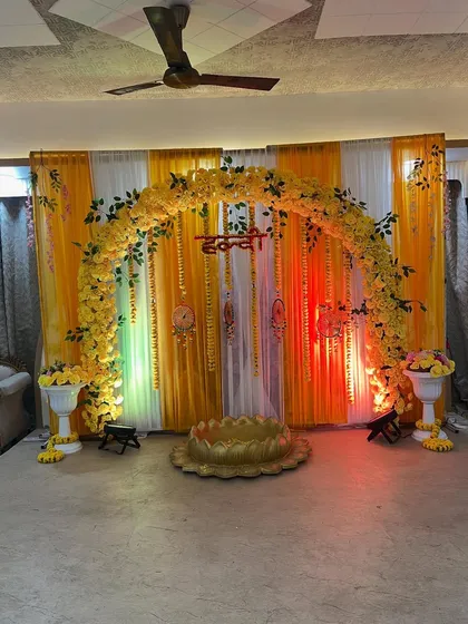 Another angle of the Haldi decoration, showing the dreamcatcher details.