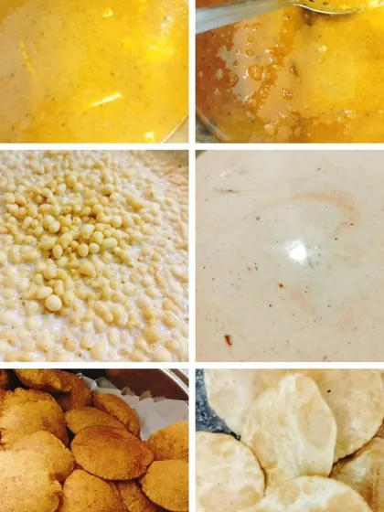 The different stages of preparing a meal for a small gathering. This collage shows our rich gravies, boondi for raita, and freshly fried puris, giving you a peek into our cooking process.
