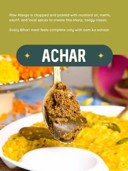 The classic Bihari aam ka achar. Raw mango is chopped and pickled with mustard oil, methi, saunf, and other local spices to create this sharp, tangy classic that completes every meal.