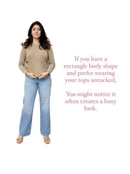 An illustration of the problem: a simple untucked top on a rectangular body shape can create a boxy look because it lacks natural curves.