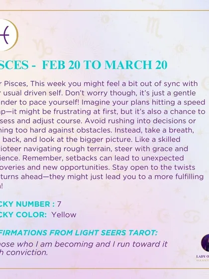A weekly tarot forecast for Pisces. You might feel a bit out of sync, but this is a chance to reassess and adjust your course. Setbacks can lead to new discoveries.