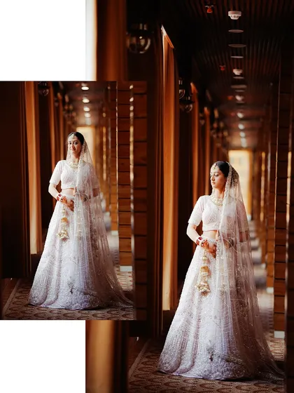 A creative collage of a bride in a long corridor, playing with reflections and composition to create a striking and modern bridal portrait.