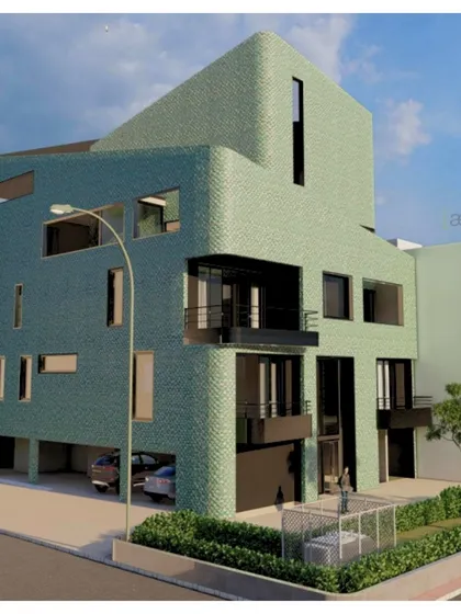 A conceptual render by Mayank, showcasing a building with a unique, curved green-tiled facade that demonstrates his creative and out-of-the-box thinking.