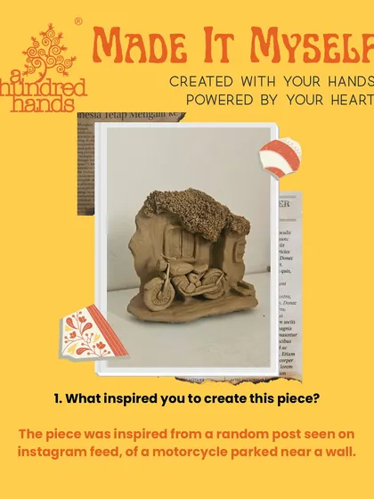 A closer look at our winner's inspiration: a random Instagram post of a motorcycle parked near a wall, transformed into a ceramic sculpture.