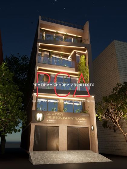 A nighttime 3D visualization of the Mukherjee Nagar residence, showing how the building will look from the street.