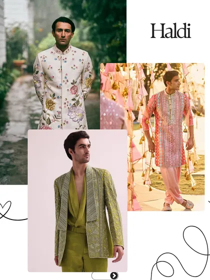 More Haldi inspiration, moving beyond the traditional yellow. This selection includes a stunning floral embroidered sherwani, a fresh olive green suit, and a vibrant pink kurta with dhoti pants for a festive feel.