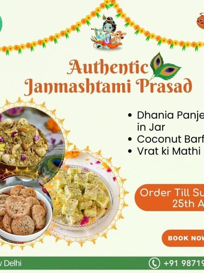 My authentic Janmashtami prasad menu, featuring Dhania Panjeeri, Coconut Barfi, and Vrat ki Mathi.