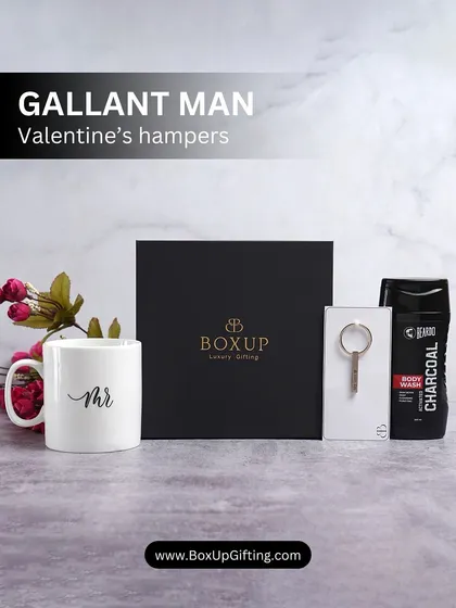 The 'Gallant Man' Valentine's hamper is a simple yet classy choice, featuring a 'Mr.' mug, charcoal body wash, and a stylish key ring.