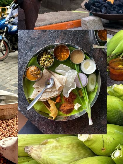 A collage showing the journey from raw produce like corn to a full thali meal.