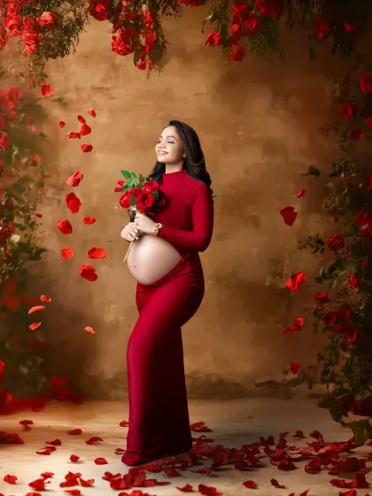 Showered in love and rose petals. This romantic portrait captures a mother-to-be in a vibrant red gown, surrounded by an arch of red roses and falling petals. It’s a beautiful, symbolic representation of the love that surrounds her.