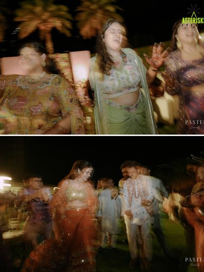 More high-energy dance floor moments from the Haldi after-party, with motion blur conveying the fun and excitement.