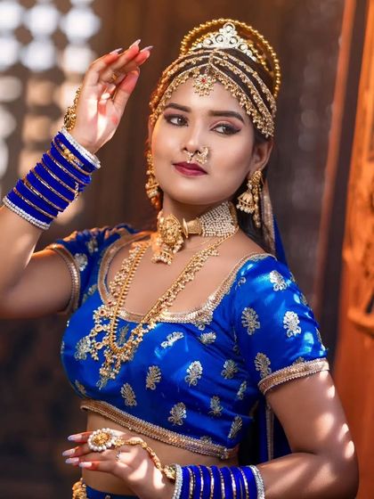 A close-up of the model, showing the intricate details of the headpiece and choker from our themed collection.