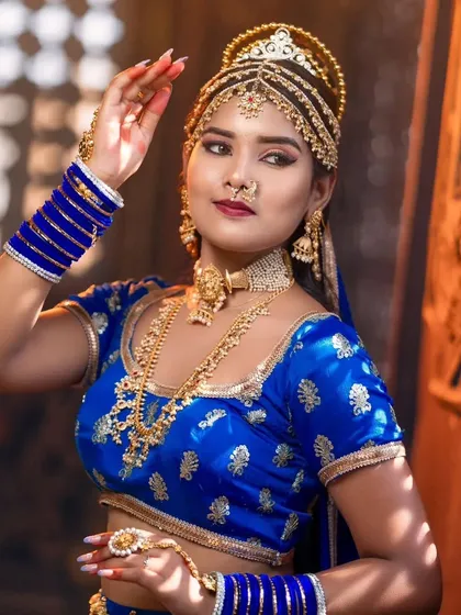 A graceful pose showing the model's profile and the beautiful way the headpiece and earrings frame her face.