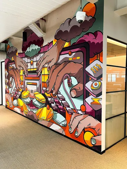 The second mural I designed for Rippling's Bangalore office, located in the engineering zone. This piece celebrates the craft of coding and the tools used to build the product.