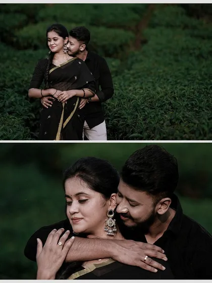 A pre-wedding shoot in a lush, green tea garden. The couple's dark outfits create a beautiful contrast, and the intimate poses highlight their romantic connection.