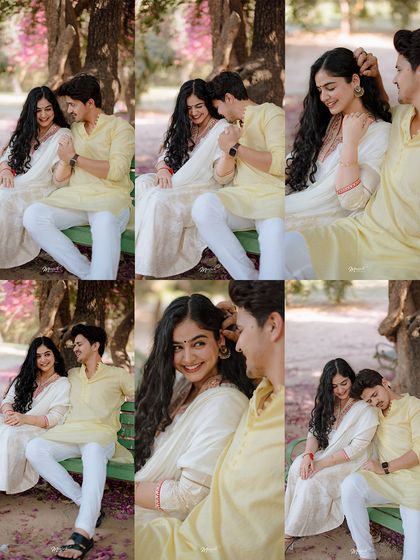 A series of playful and affectionate moments on a park bench, showcasing the fun and loving dynamic of the couple.