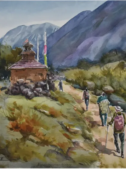 For nature lovers, I offer custom watercolor landscape commissions. This A3 size painting, titled 'ADVENTURE', captures the feeling of a mountain journey on handmade paper, using soft and calming colors.
