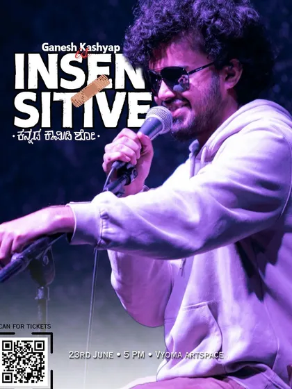 The poster for Ganesh Kashyap's "INSENSITIVE" Kannada comedy show, part of his popular Bengaluru tour.