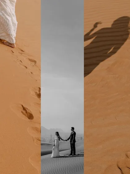 A creative collage from a Dubai pre-wedding shoot. It combines details like footprints in the sand with a dramatic black and white shot of the couple, telling a visual story of their journey together.