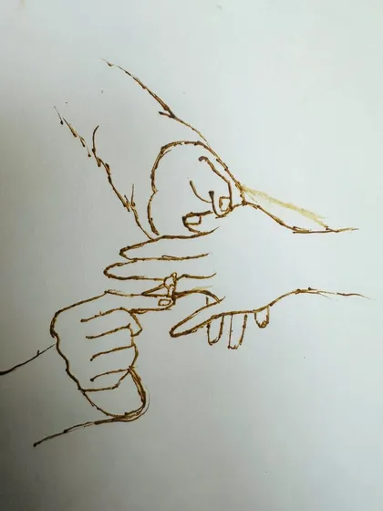 A demo sketch of an engagement ring ceremony. I teach how to draw hands and gestures, which are essential for telling a story through mehandi.