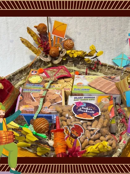 An animated version of my rustic Lohri gift basket, perfect for sharing the warmth and joy of the harvest festival.