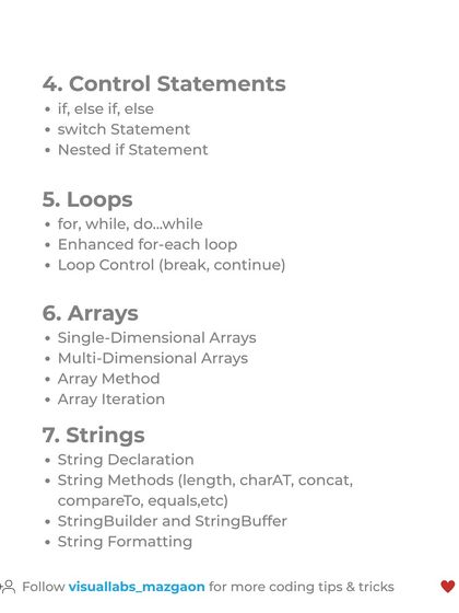 This section of the cheatsheet details control statements, loops, arrays, and strings. These are the fundamental building blocks of any Java program.