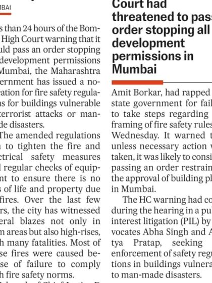 A news report detailing the Bombay High Court's warning to the Maharashtra government in our fire safety PIL. The court's threat to stop all development permissions was a direct result of our persistent legal pressure.