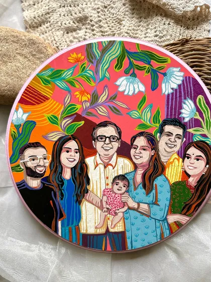 This large 12-inch wall plate was painted to accommodate a beautiful, big family. We love the challenge of composing group portraits and ensuring each person's personality shines through in the final artwork.