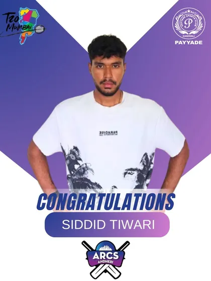 Congratulations to Siddid Tiwari on his selection by ARCS Andheri for the T20 Mumbai League. His dedication to the sport has paid off with this well-deserved opportunity.