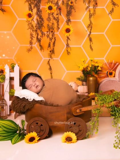 A slightly different angle of the baby in the wagon, with soft, magical light effects added to enhance the cheerful atmosphere.